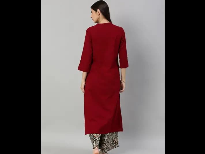 Mandarin Collar Roll-Up Sleeves Pure Cotton Straight Kurta With Printed Palazzo (2)