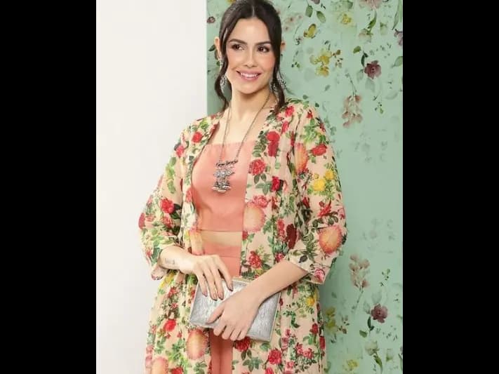 Peach-coloured solid Top with Palazzos - Cotton blend