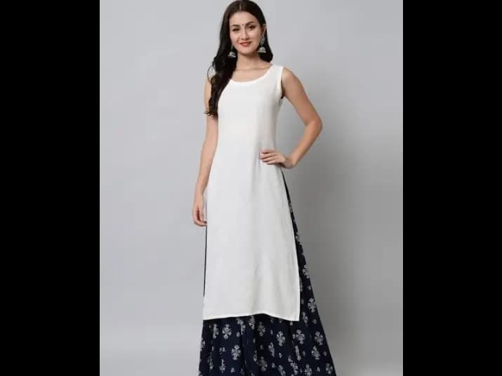 White Ethnic Motifs Kurta with Skirt - Viscose Rayon (2)