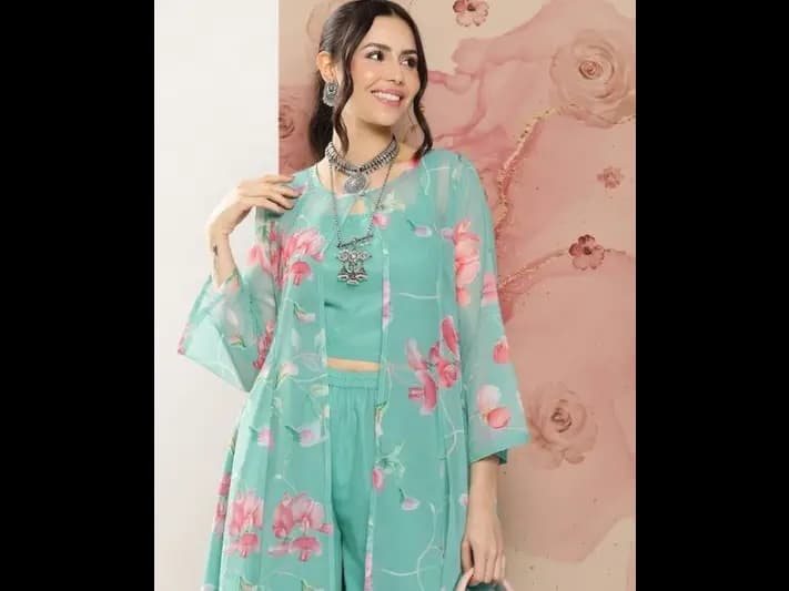 Top With Palazzos & Jacket - Poly Georgette