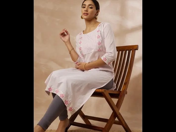 Floral Yoke Design Cotton Thread Work Kurta - Cotton (2)