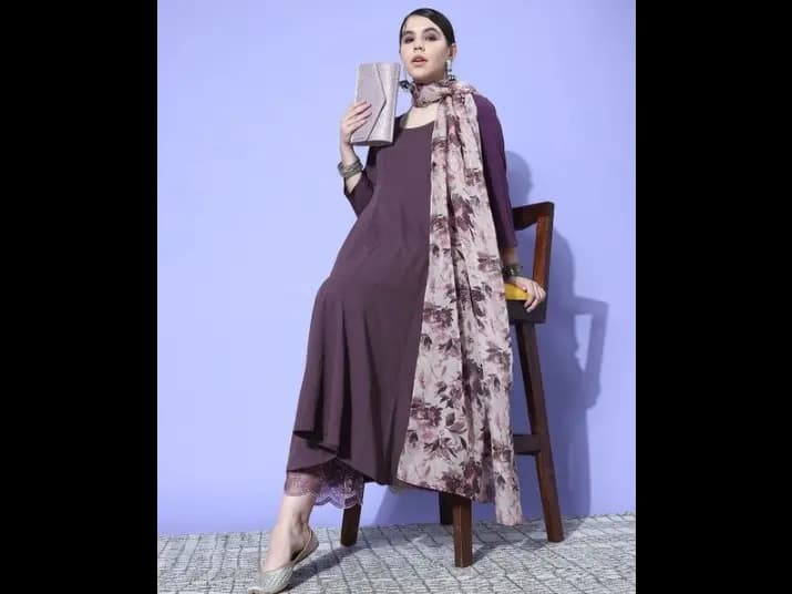 Panelled Silk Crepe Kurta with Trousers & With Dupatta - Silk Crepe