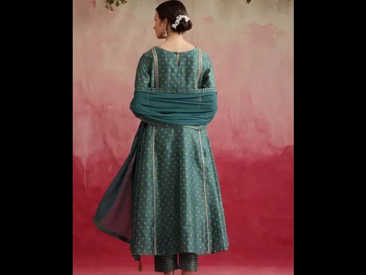 Boat Neck Floral Yoke Design Anarkali Kurta with Palazzo & Dupatta (3)