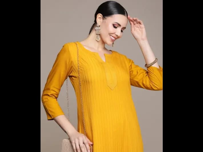 Mustard Yellow Striped Regular Kurta with Trousers (2)