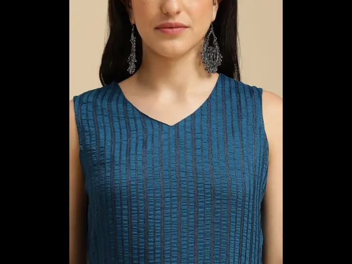 Striped V-Neck Straight Kurta with Trousers & Dupatta (2)