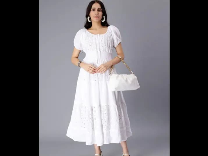 Self Design Puff Sleeves Pure Cotton Tie Up Smocked Schiffli & Tiered Midi Dress