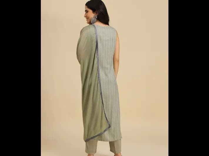 Striped V-Neck Straight Kurta with Trousers & Dupatta (5)