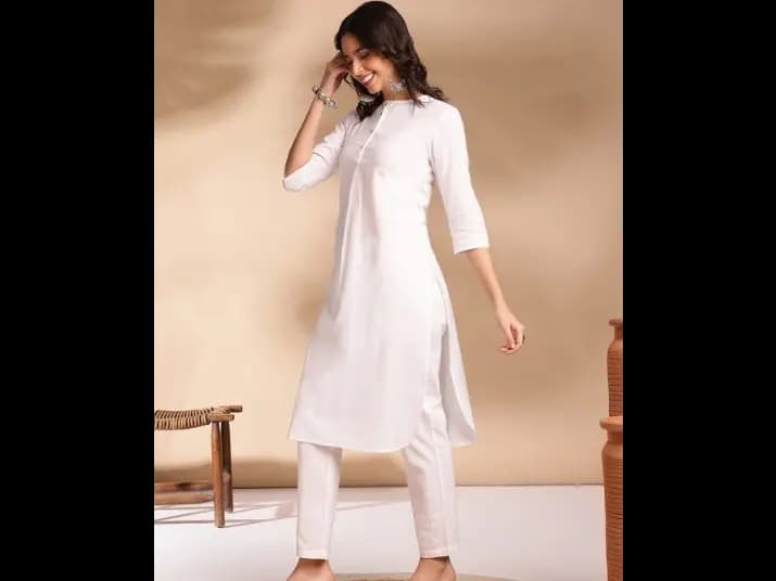 Pleated Round Neck Round Neck Cotton Kurta with Trousers - Cotton Blend (4)