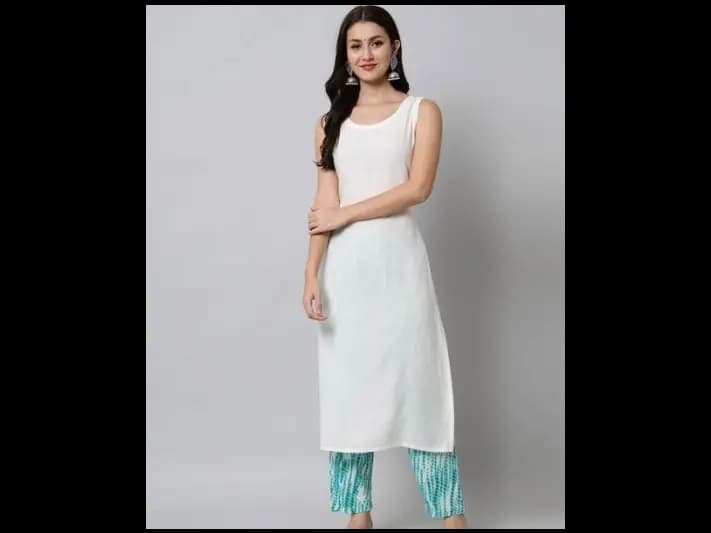 White & Blue Viscose Rayon Straight Kurta with Trousers