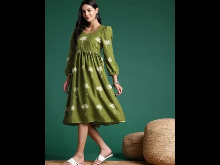 Printed Lace-Up Back Pleated A-Line Ethnic Dress (3)