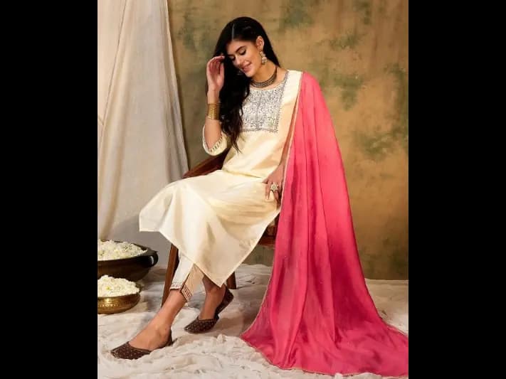Floral Embroidered Thread Work Kurta With Trousers & Dupatta