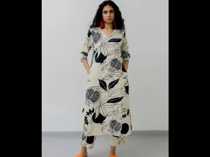 Floral Printed V-Neck A-Line Kurta with Trouser - Cotton Blend