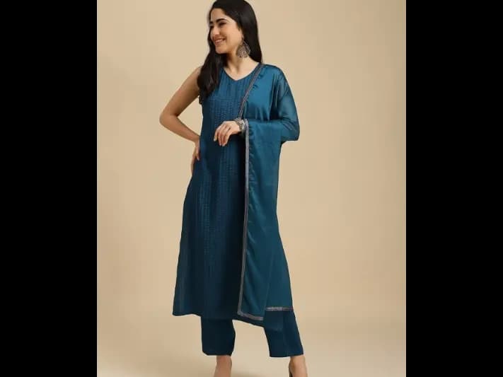 Striped V-Neck Straight Kurta with Trousers & Dupatta