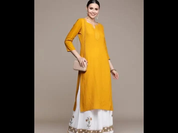 Mustard Yellow Striped Regular Kurta with Trousers