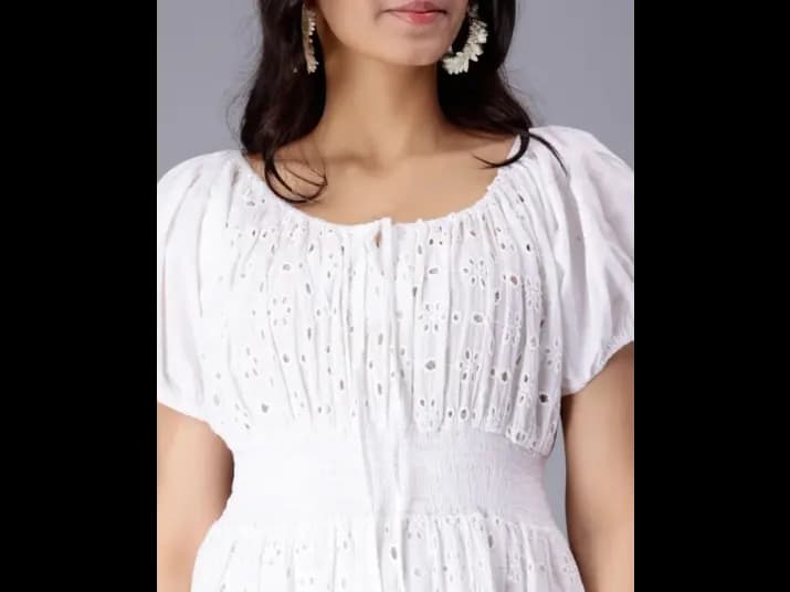 Self Design Puff Sleeves Pure Cotton Tie Up Smocked Schiffli & Tiered Midi Dress (2)