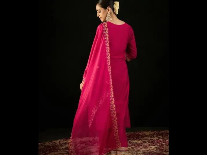 Notched Neck Ethnic Embroidered Sequinned Liva Kurta with Trouser & Dupatta (4)