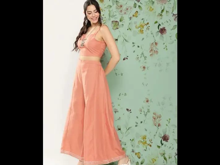 Peach-coloured solid Top with Palazzos - Cotton blend (4)