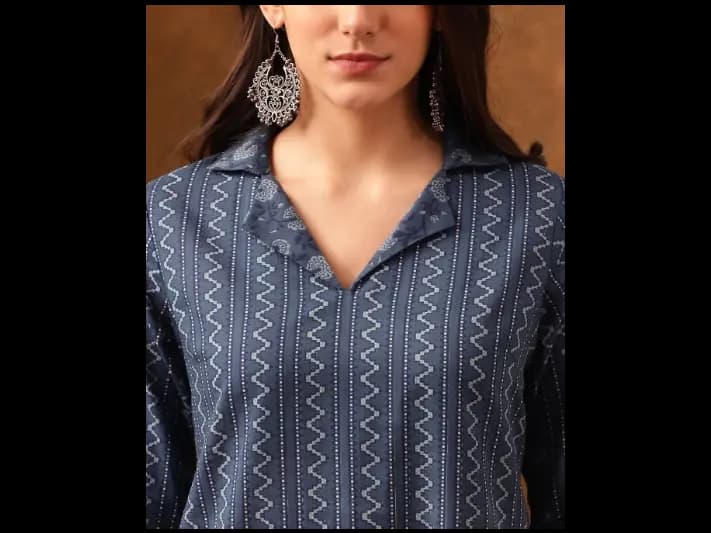 Navy Blue Striped Shirt Collar Straight Kurta - Pure Cotton (3)