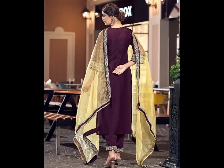 V Neck Embroidered Thread Work Kurti with Trousers & With Dupatta (3)