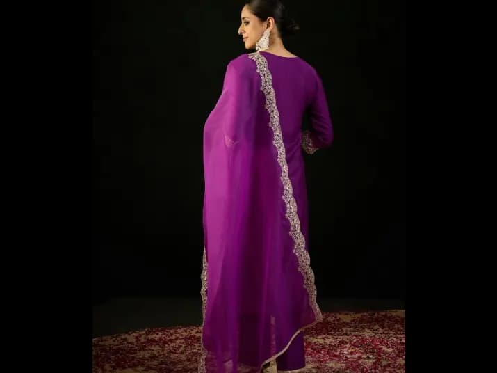 Notched Neck Ethnic Embroidered Sequinned Liva Kurta with Trouser & Dupatta (4)