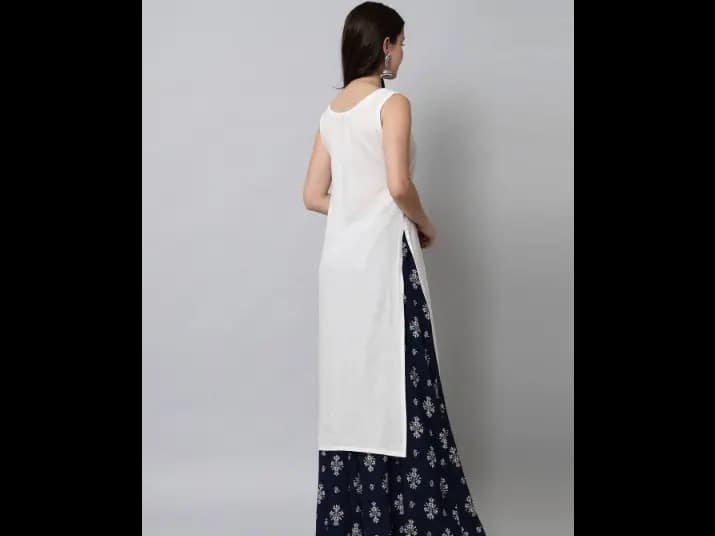 White Ethnic Motifs Kurta with Skirt - Viscose Rayon (4)
