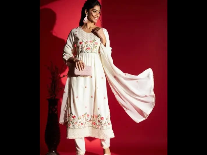 Floral Embroidered A-Line Kurta & Trousers With Dupatta