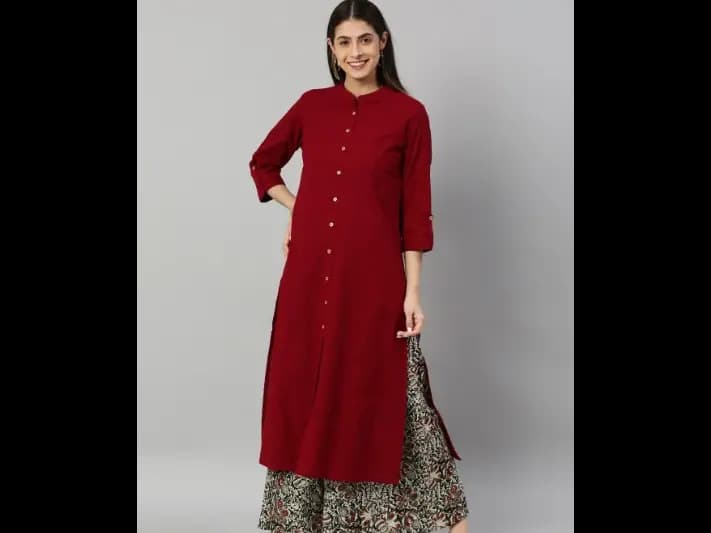 Mandarin Collar Roll-Up Sleeves Pure Cotton Straight Kurta With Printed Palazzo