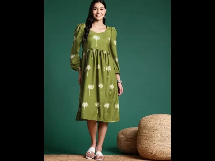 Printed Lace-Up Back Pleated A-Line Ethnic Dress
