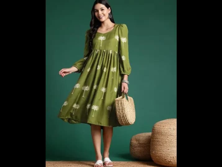 Printed Lace-Up Back Pleated A-Line Ethnic Dress (2)