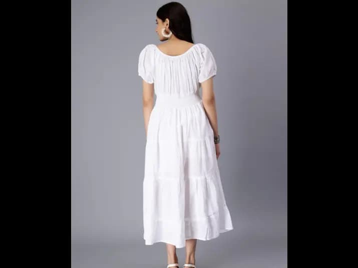 Self Design Puff Sleeves Pure Cotton Tie Up Smocked Schiffli & Tiered Midi Dress (3)