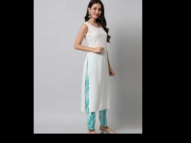 White & Blue Viscose Rayon Straight Kurta with Trousers (2)
