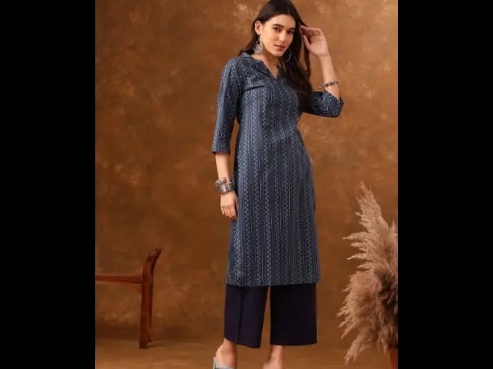 Navy Blue Striped Shirt Collar Straight Kurta - Pure Cotton