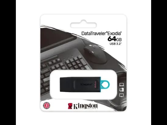 Kingston 64GB DataTraveler Exodia USB 3.2 Flash Drive - USB 3.2 Gen 1 speeds , capacities with colorful loop that easily attaches to key rings , cap protects the USB plug  with 1 year warranty