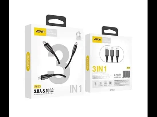 Aspor AC-23 Aluminum Alloy 3-in-1 Charging Cable - Charging & Data Transmission , Stable, safe, and Fast charging support , Stable voltage 3.0A, 1M Cable (3)