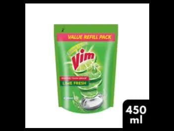 Vim Dishwash Liquid Refill Pouch 450ml - Turbo de greasing lime formula