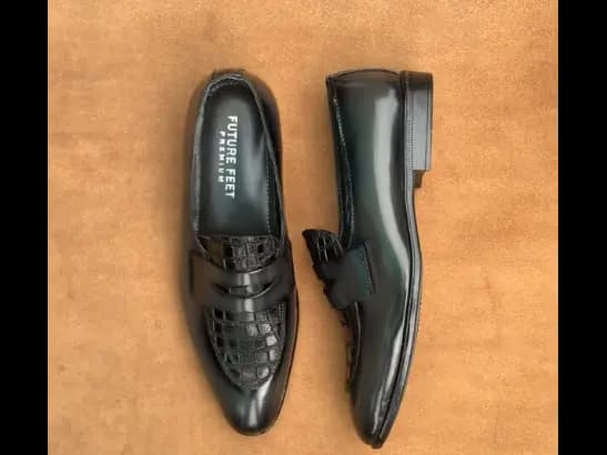 Men’s High-Gloss Gray Cow Leather Croc Penny Loafer (2)