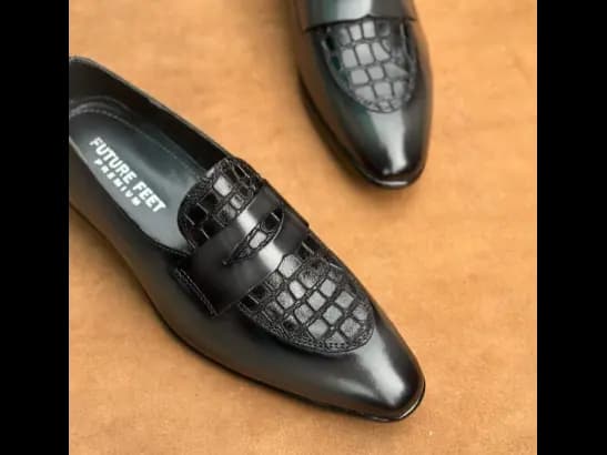 Men’s High-Gloss Gray Cow Leather Croc Penny Loafer (3)