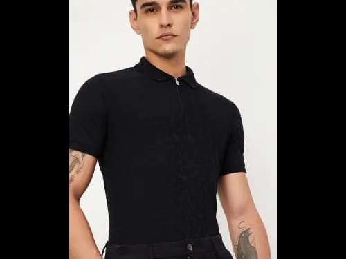 Men Slim Fit T-Shirt with Half Zip-Closure