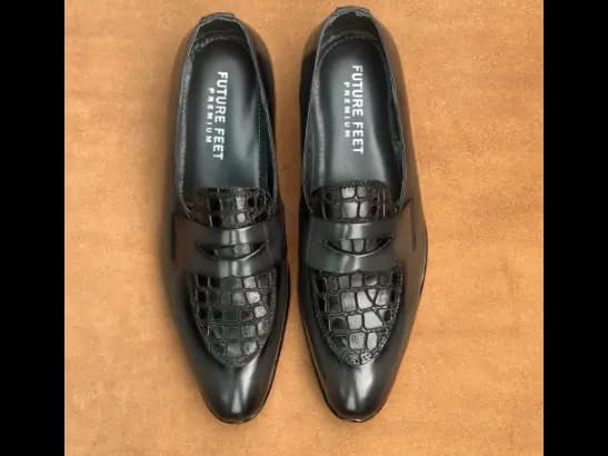 Men’s High-Gloss Gray Cow Leather Croc Penny Loafer
