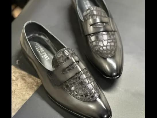 Men’s High-Gloss Gray Cow Leather Croc Penny Loafer (4)