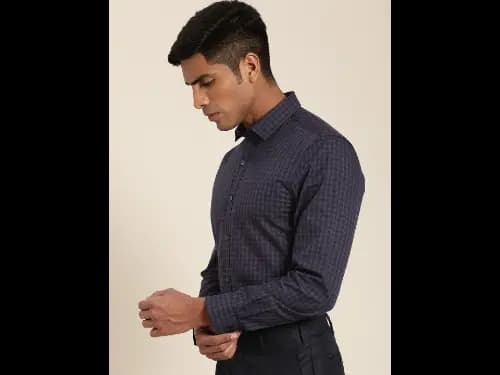 Men Navy Blue & Brown Slim Fit Self Design Sustainable Formal Shirt (3)