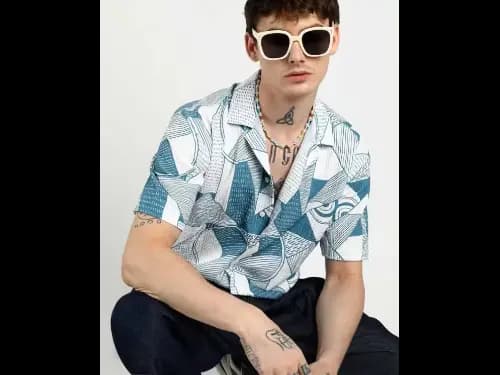Men Geometric Print Regular Fit Shirt with Cuban Collar