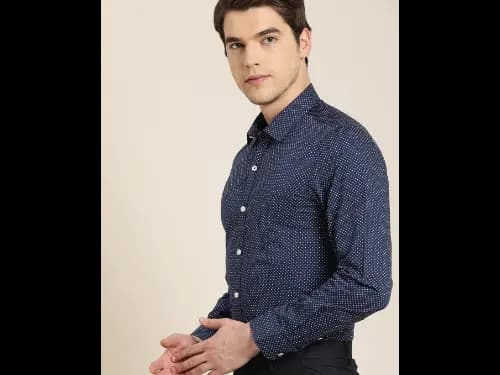 Men Navy Blue & White Slim Fit Printed Sustainable Formal Shirt