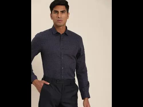 Men Navy Blue & Brown Slim Fit Self Design Sustainable Formal Shirt