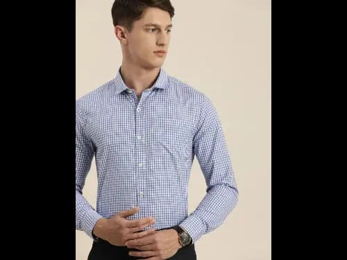 Men Easy Care Blue & White Checked Formal Shirt
