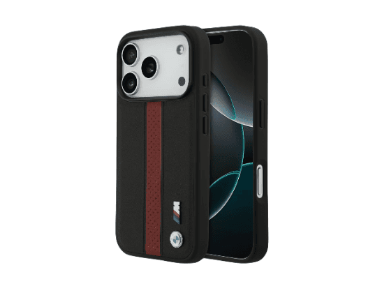 BMW Magsafe PU Perforated Stripes Leather Case for iPhone 17 Pro / 17 Pro Max – Black/Red
