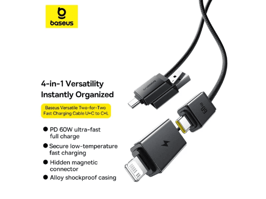 Baseus 2 Meter 60W Versatile Two-for-Two Fast Charging Cable with U C to C L Converter – Cosmic Black (7)