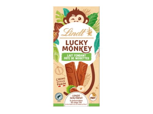 Lindt Lucky Monkey Melting Milk Chocolate Bar with Hazelnut Paste 100G