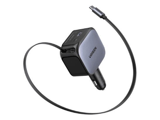 UGREEN 145W Nexode Car Charger with Retractable Cable 2x Type-C+ USB – EC604 – 55910B – 1 Year Warranty