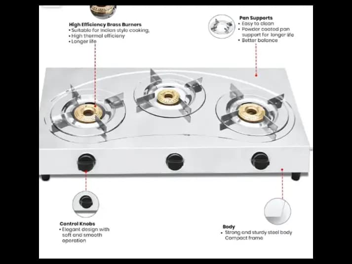 Premium Stainless Steel 3 Burner LPG Indian Gas Cooker with SS Pan Support (2)